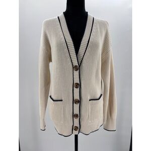 OLD NAVY Womens Cream Navy Trim V Neck Button Cardigan Sweater Medium